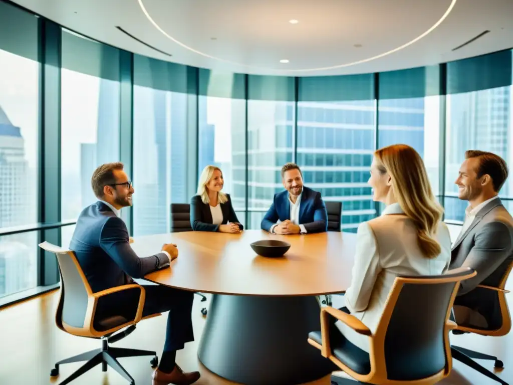 Expatriados y expertos en finanzas: Estrategias fiscales Profesionales y expatriados discuten en una oficina moderna, transmitiendo confianza y expertise en planificación fiscal para expatriados
