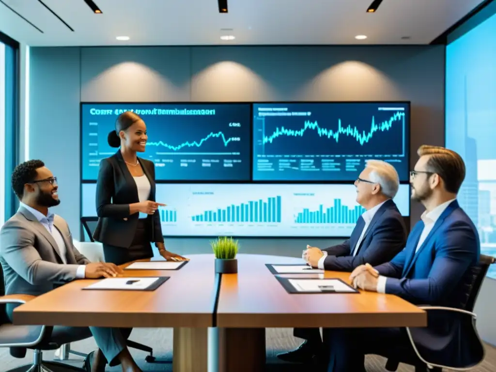 Expertos en finanzas debaten estrategias de optimización fiscal Profesionales financieros y asesores fiscales discuten estrategias de optimización fiscal en una moderna sala de juntas