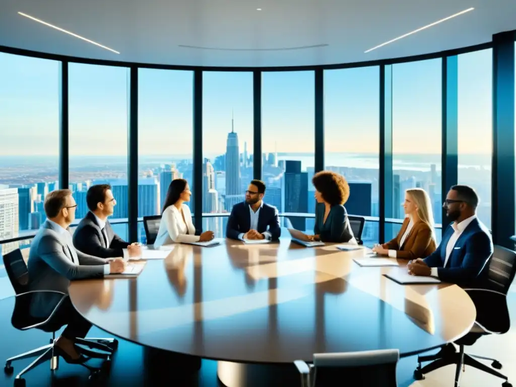 Asesores financieros y clientes en reunión estratégica Profesionales de las finanzas y clientes discuten estrategias de ahorro en un ambiente moderno y colaborativo