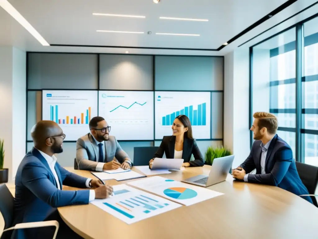 Profesionales debaten leyes fiscales internacionales en moderna oficina Profesionales debaten sobre fiscalidad internacional en una oficina moderna