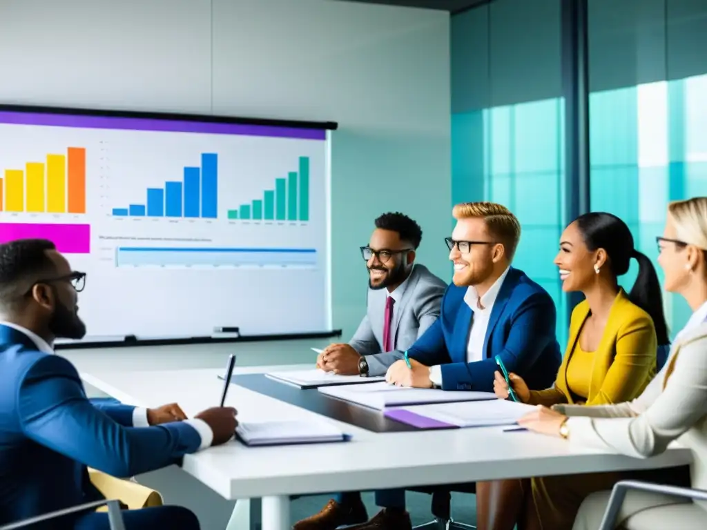 Equipo de profesionales discutiendo leyes fiscales en una oficina moderna Profesionales discuten sobre fiscalidad en una moderna oficina