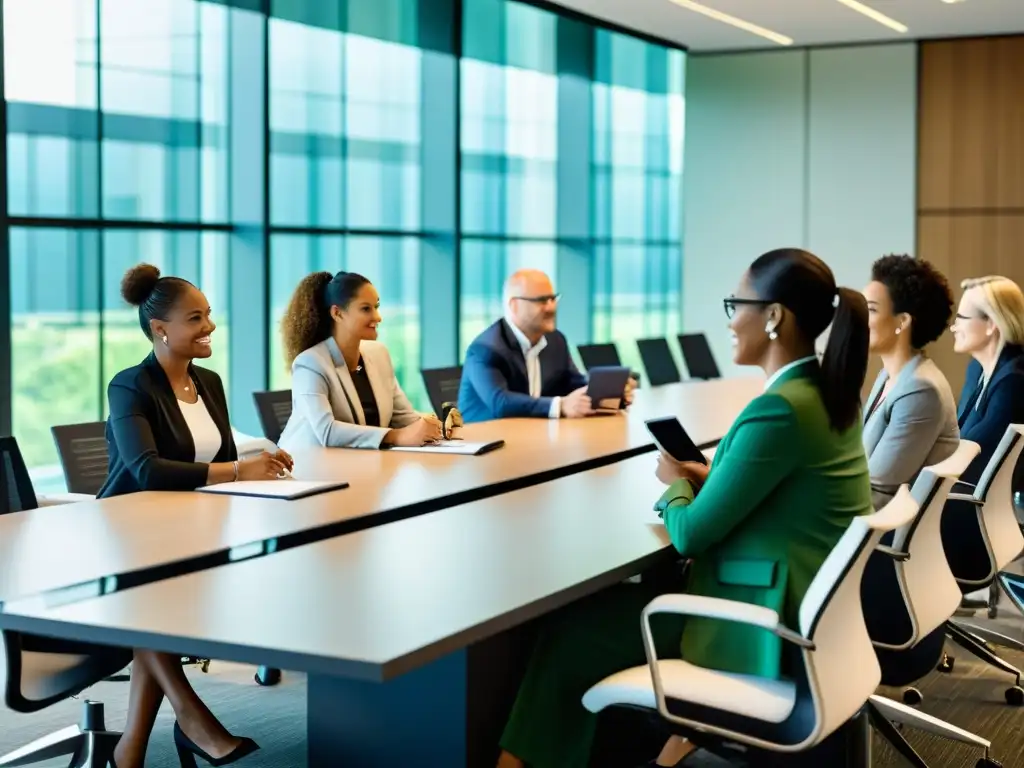Entrenamiento profesional de impuestos con tecnología de vanguardia Profesionales usan herramientas de gestión tributaria para auditorías internas en una sala de conferencias moderna y luminosa