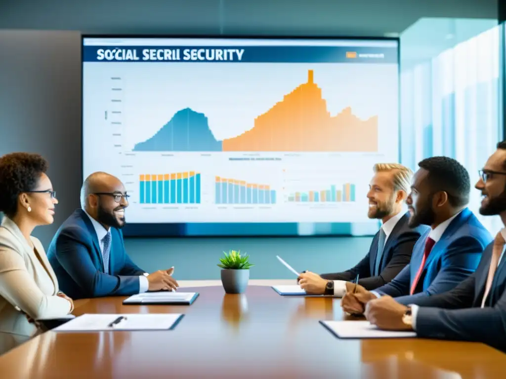 Profesionales debaten impacto fiscal del sistema de seguridad social Profesionales discuten el impacto fiscal del Sistema de Seguridad Social en una sala con luz natural y ambiente colaborativo