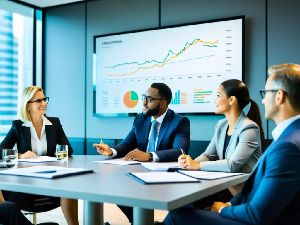 Estrategia fiscal: Profesionales en sesión de planificación Profesionales de impuestos corporativos planificando estrategias con gráficos y reportes financieros en una oficina moderna