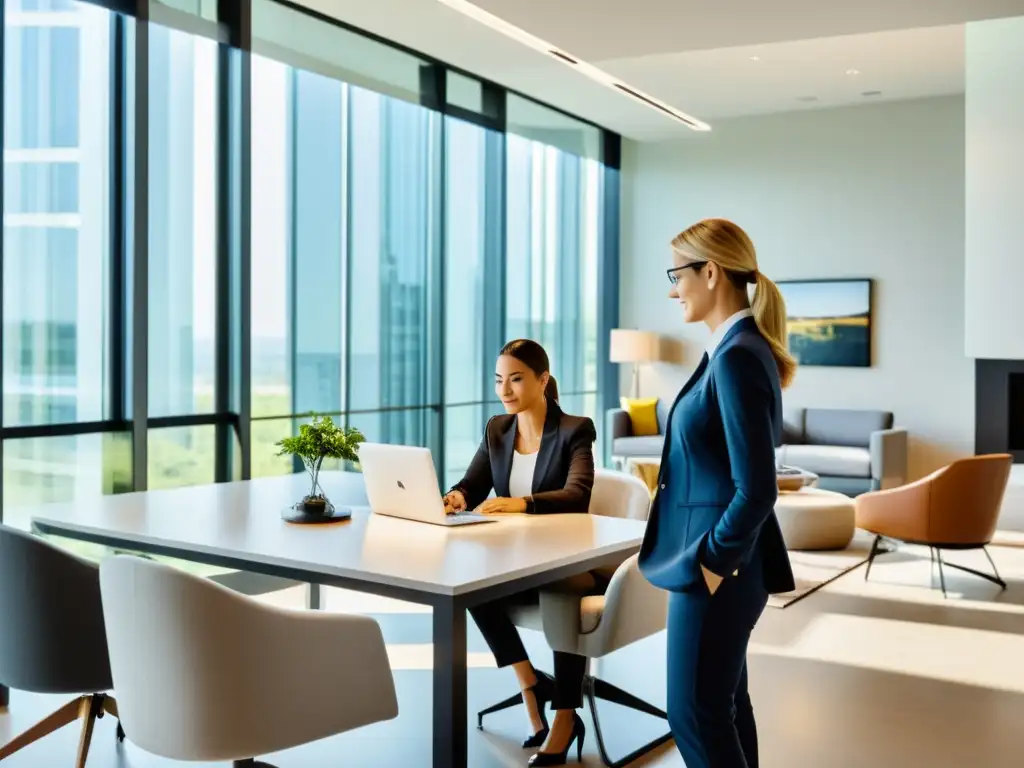 Profesionales inmobiliarios revisando documentos financieros con meticulosidad en una oficina moderna y luminosa Profesionales inmobiliarios revisando documentos financieros y registros de propiedades en una oficina moderna, cálida y profesional