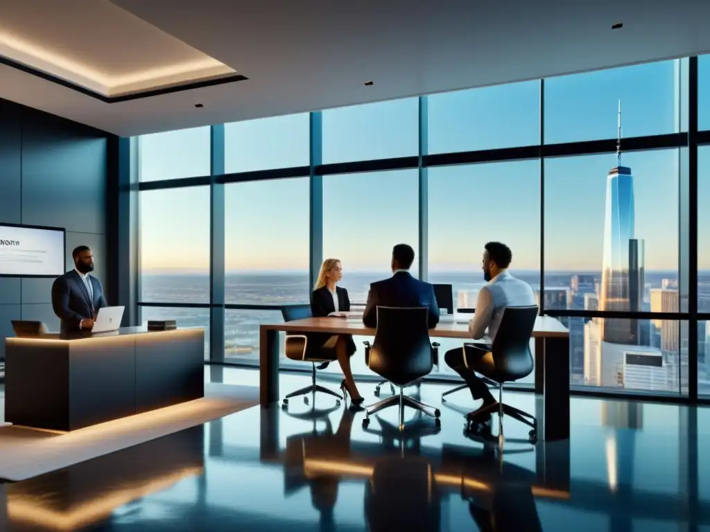 Profesionales inmobiliarios expertos en reunión Profesionales inmobiliarios debatiendo documentos fiscales en oficina moderna