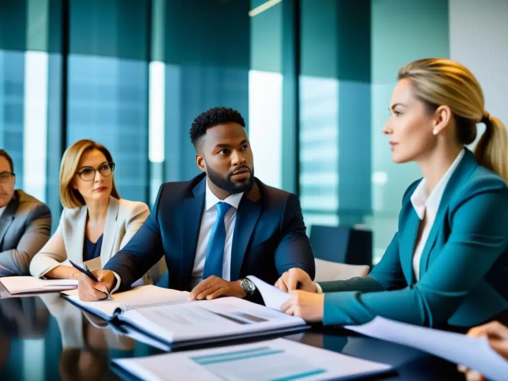 Abogados y contadores debatiendo leyes fiscales en una oficina moderna Profesionales discuten leyes tributarias en una oficina moderna, resaltando su expertise y determinación en defensa de derechos ante administración tributaria