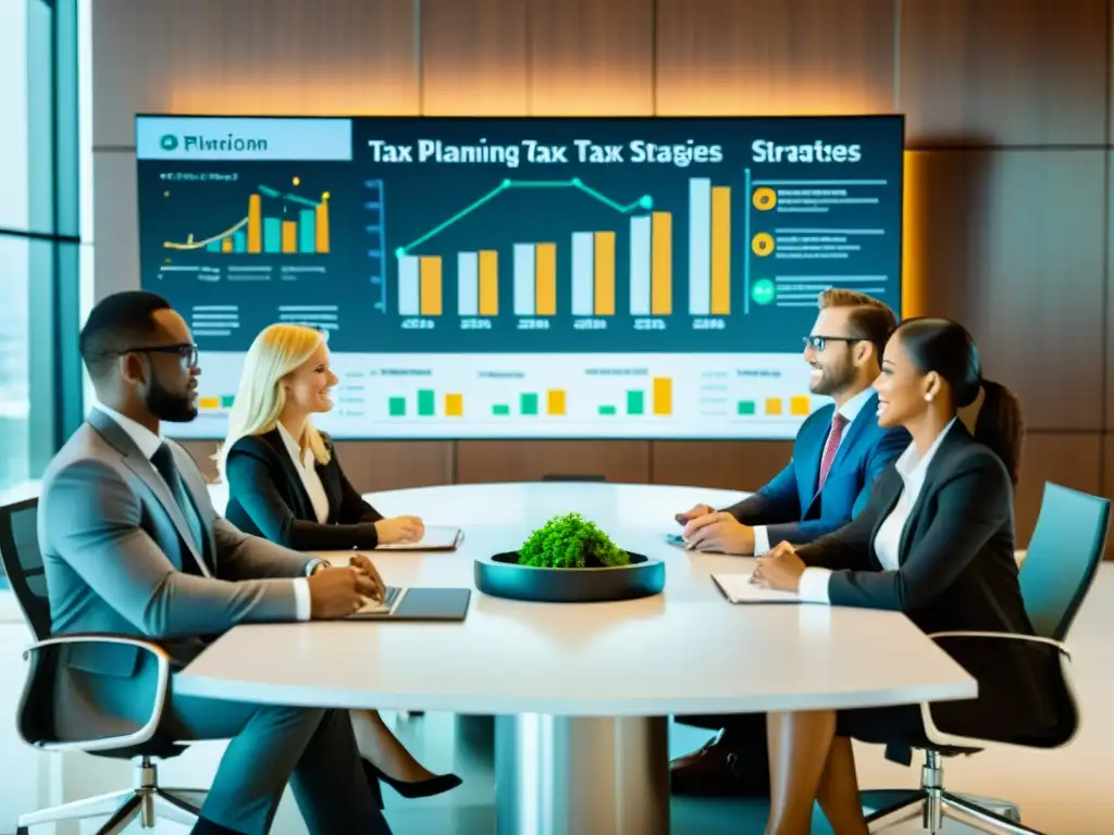 Estrategias de planificación fiscal: reunión de profesionales Profesionales en mesa de conferencias moderna discuten estrategias de reducción de impuestos corporativos con gráficos y mucha luz natural