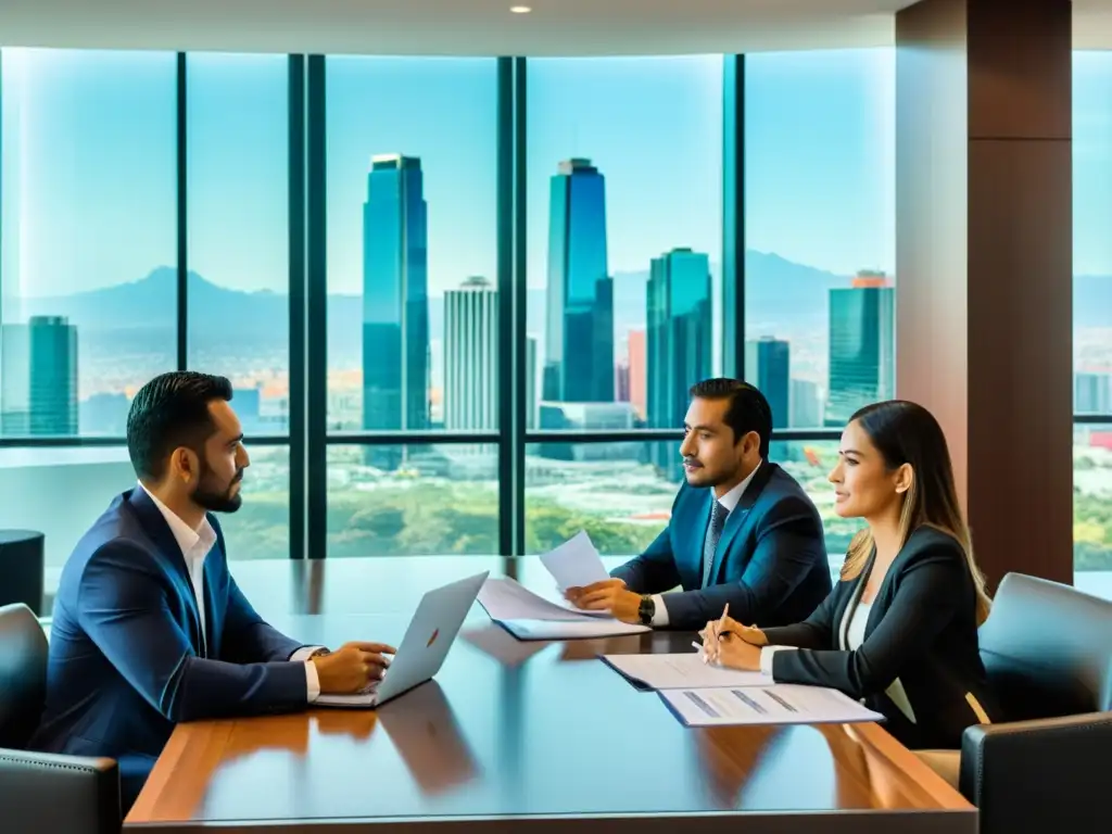 Profesionales mexicanos negociando acuerdos internacionales y legales Profesionales mexicanos discuten acuerdos comerciales internacionales