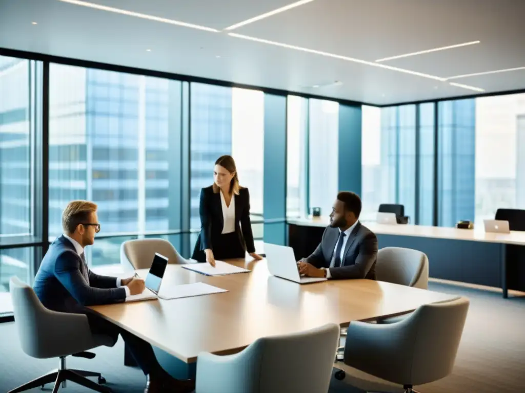 Equipo profesional en reunión de transfer pricing Profesionales en moderna oficina, colaborando en optimización fiscal precios de transferencia con documentos y gráficos detallados