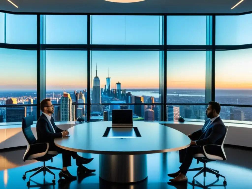 Oficina moderna con tecnología avanzada y vista panorámica de la ciudad Profesionales en moderna oficina con software gestión tributaria