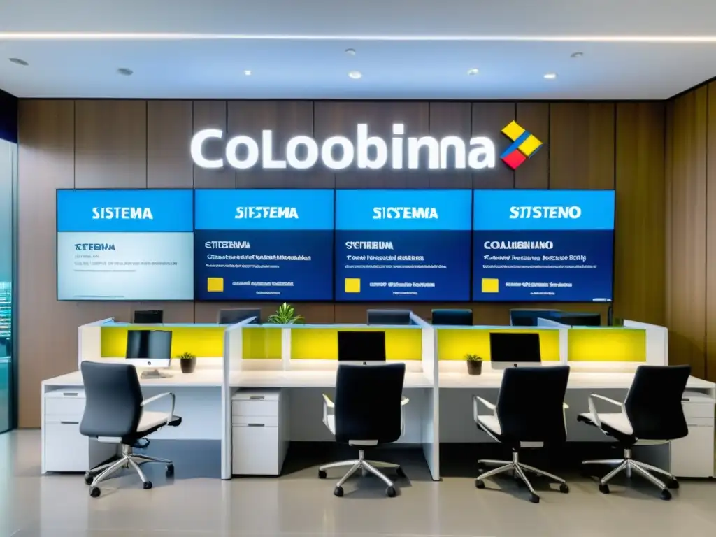 Oficina Tributaria Moderna: Eficiencia y Profesionalismo en Colombia Profesionales asesorando en una moderna oficina tributaria colombiana, con tecnología de vanguardia y ambiente profesional