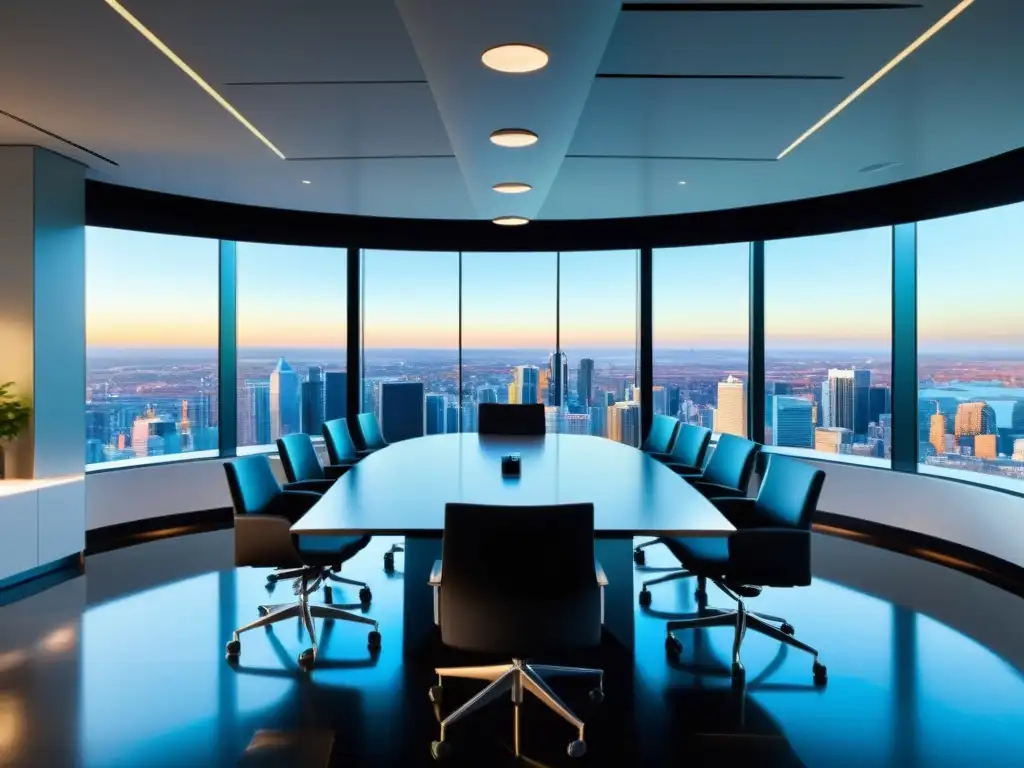 Oficina ejecutiva de vanguardia con vista panorámica Profesionales en una moderna sala de juntas con vista a la ciudad