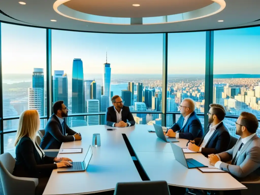 Sala de seminarios moderna con profesionales discutiendo Profesionales en un moderno seminario de fiscalidad internacional con vista a la ciudad