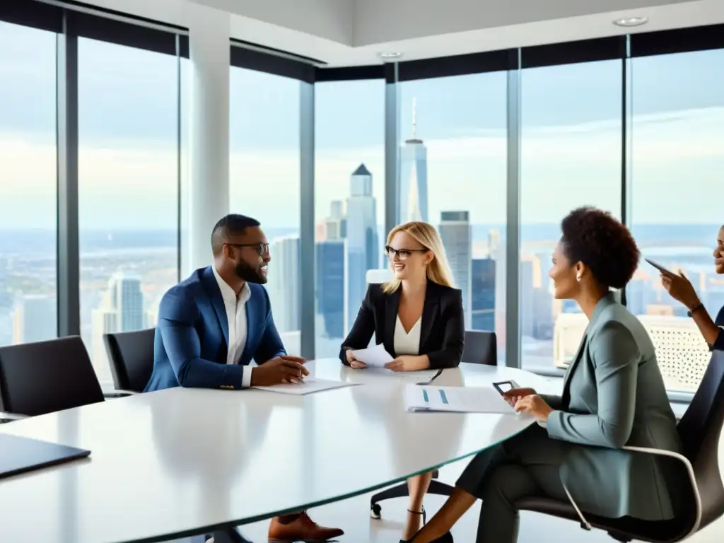 Profesionales en reunión estratégica en oficina moderna Profesionales de negocios diversificados discuten estrategias en una oficina moderna y luminosa, con vista a la ciudad