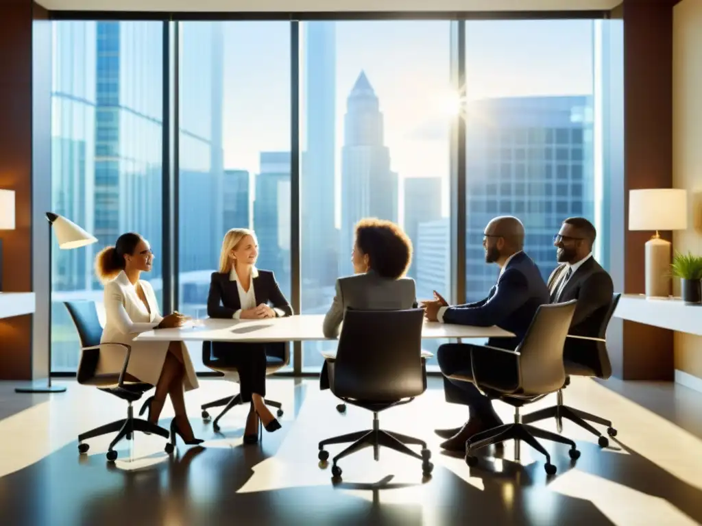 Reunión de profesionales en oficina moderna Profesionales de negocios planificando fiscal sucesión empresarial PYME en una sala de reuniones elegante y moderna