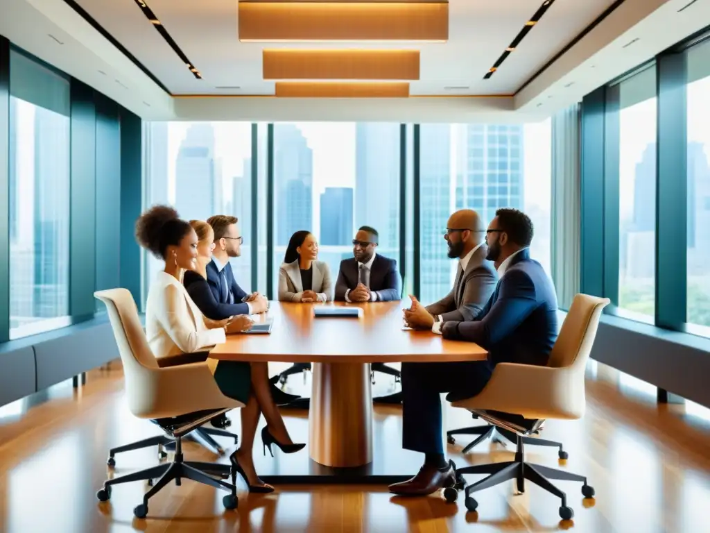 Reunión de negocios en sala moderna: colaboración y productividad Profesionales discuten la nueva regulación precios transferencia en moderna sala de conferencias con abundante luz natural y atmósfera colaborativa