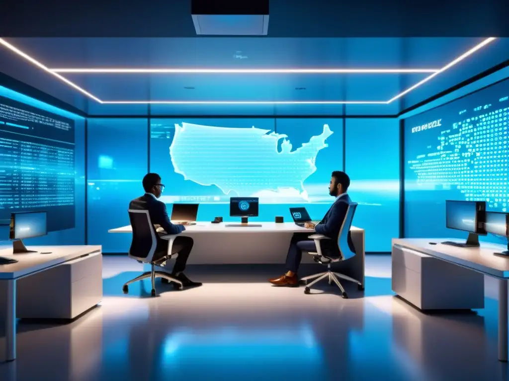 Oficina futurista: equipo de profesionales asegurando activos digitales Profesionales en una oficina futurista, colaborando en la protección de datos fiscales y ciberseguridad, rodeados de tecnología avanzada y seguridad holográfica en tonos azules