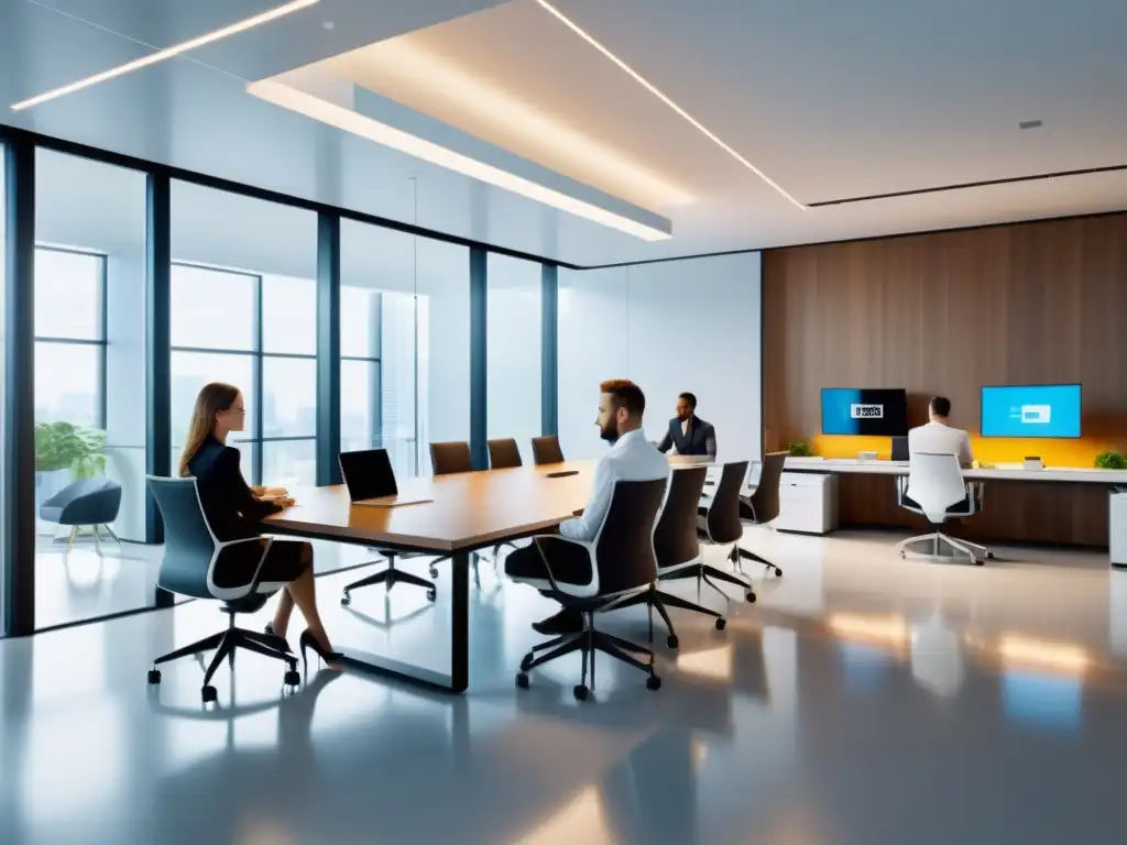 Equipo profesional en una reunión colaborativa en oficina moderna Profesionales colaborando en una oficina moderna