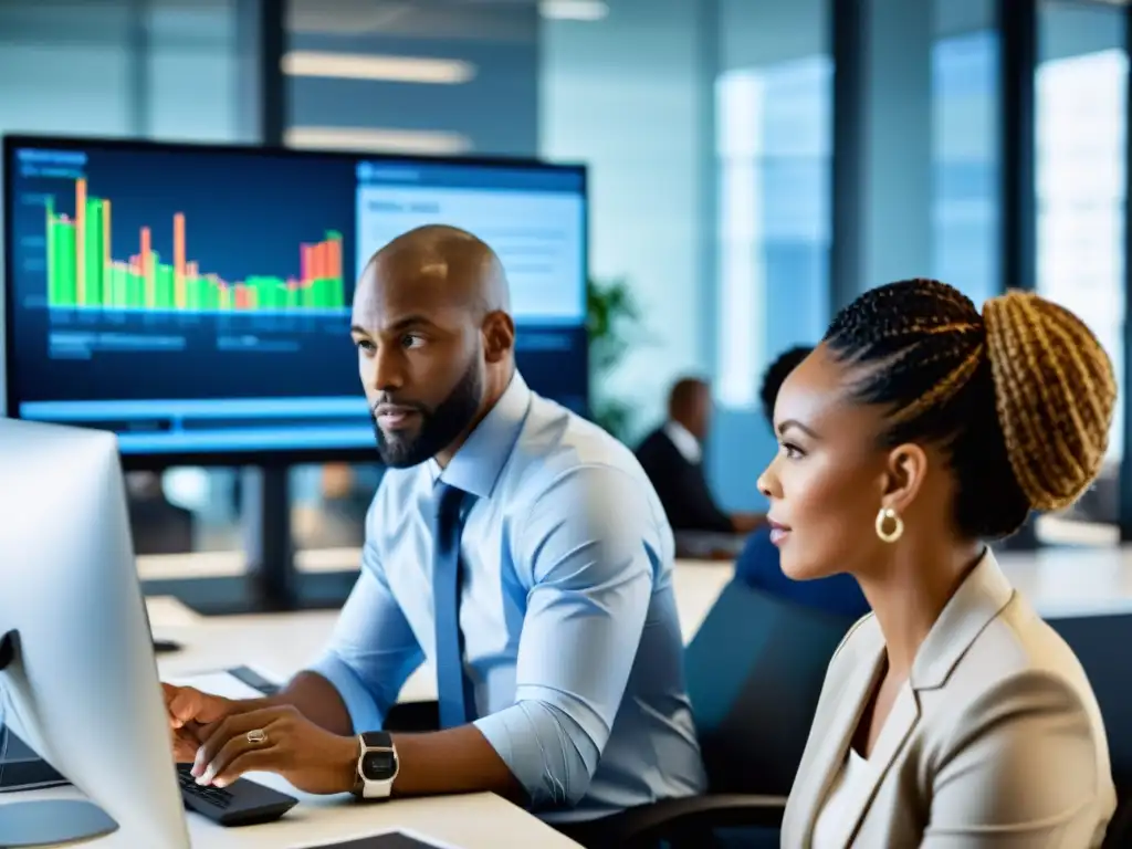 Profesionales colaborando en gestión fiscal post-Brexit Profesionales colaborando en una oficina moderna, discutiendo datos tributarios relacionados con las consecuencias del Brexit en software tributario