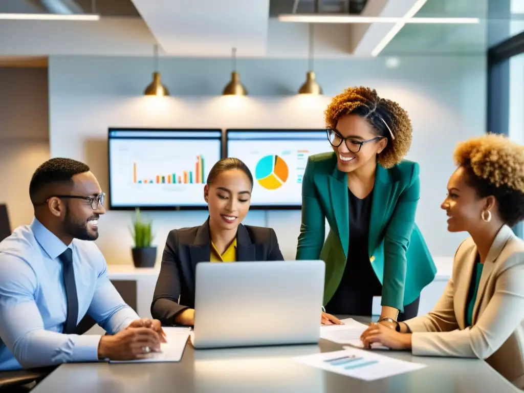 Equipo profesional diverso revisa documentos financieros Profesionales colaborando en una oficina moderna, discutiendo documentos de impuestos sobre la nómina para empresas