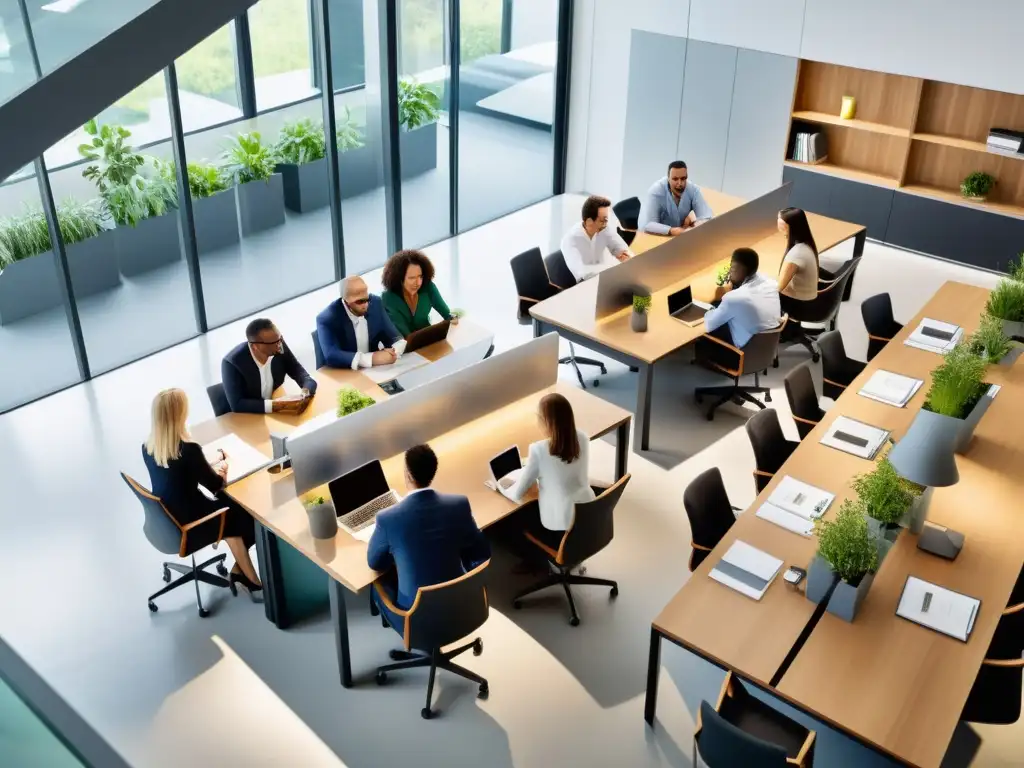Oficina moderna, ambiente de colaboración y productividad Profesionales colaborando en una oficina moderna, con efecto de la Reforma Tributaria PYMEs