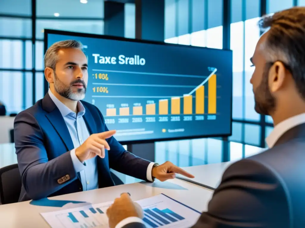 Conferencia sobre Estrategias Fiscales para PYMES en España Profesionales colaboran en una oficina moderna, discutiendo estrategias fiscales para pymes en España