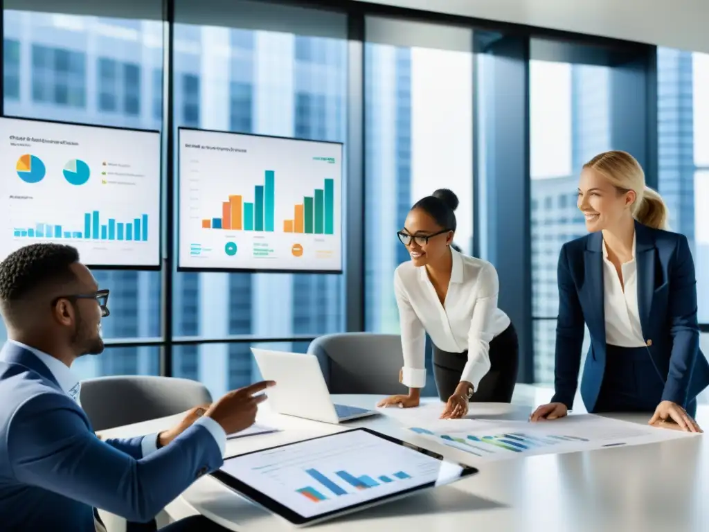 Profesionales colaborando en una oficina moderna Profesionales colaborando en una oficina moderna, discutiendo informes financieros