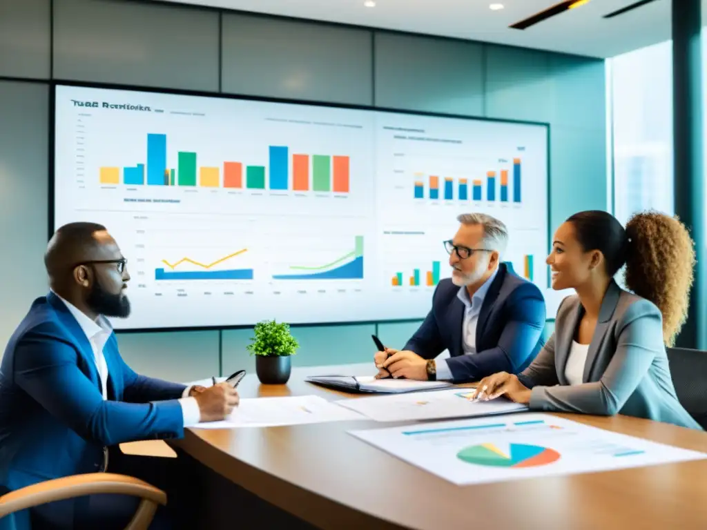 Equipo profesional discutiendo estrategias fiscales Profesionales en una oficina moderna discutiendo prácticas de cierre fiscal corporativo, rodeados de gráficos y luz natural