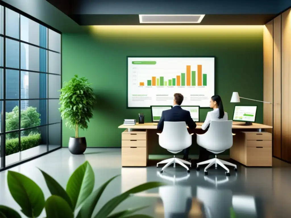 Profesionales discutiendo temas fiscales en oficina moderna Profesionales analizan tributación operaciones vinculadas España en moderna oficina con mobiliario minimalista y toques de naturaleza
