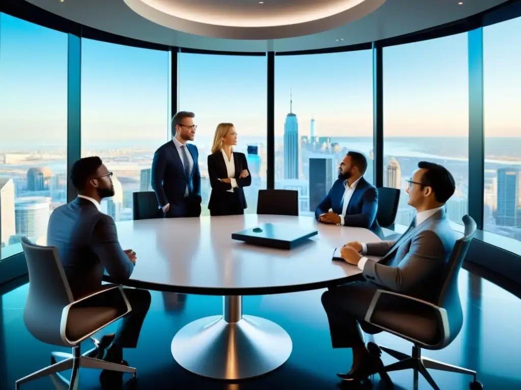 Debate financiero en sala futurista con vista a la ciudad Profesionales dialogan sobre oportunidades de ahorro en derecho tributario en moderna sala de juntas con vista urbana y tecnología vanguardista