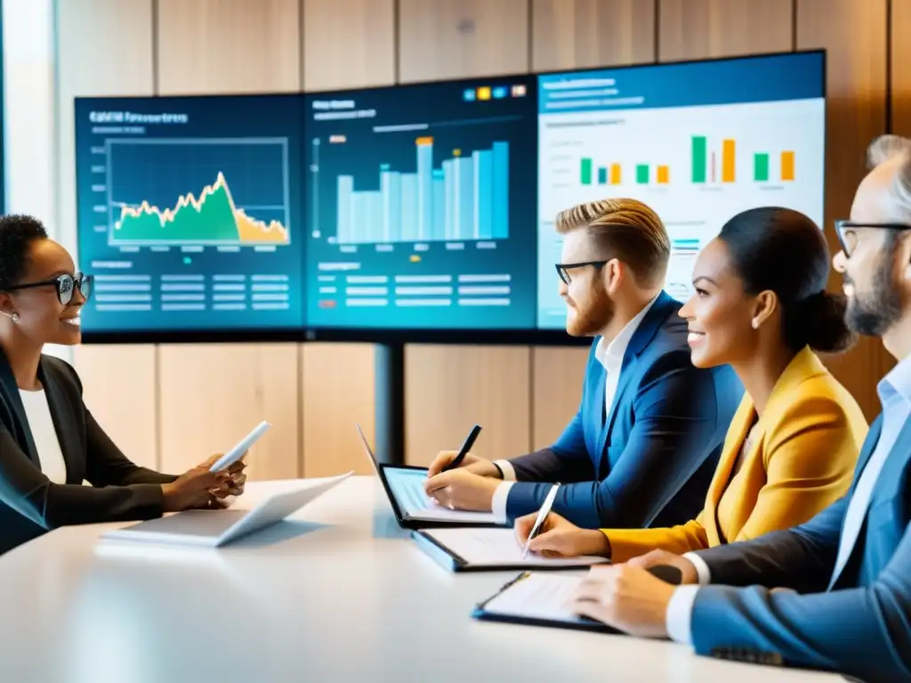 Profesionales debatiendo estrategias de inversión en sala de juntas moderna Profesionales discuten planes financieros para optimizar inversiones en una moderna sala de juntas