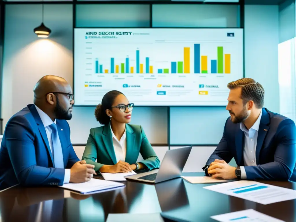 Análisis experto de regulaciones fiscales y seguridad social Profesionales debaten regulaciones fiscales y el Sistema de Seguridad Social en una oficina moderna, analizando gráficos y documentos
