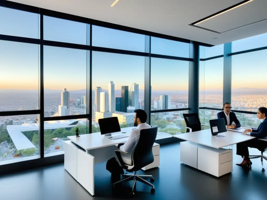 Profesionales analizando regulaciones de transfer pricing en México Profesionales discuten regulaciones mexicanas de precios de transferencia en una oficina moderna con vista a la ciudad de México