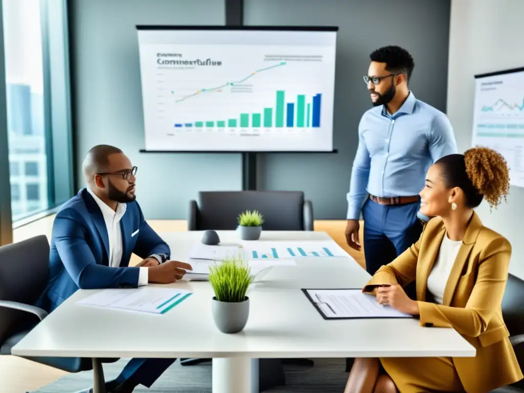 Profesionales discutiendo leyes fiscales con expertise Profesionales debatiendo las responsabilidades del contribuyente en derecho tributario en un entorno moderno y colaborativo