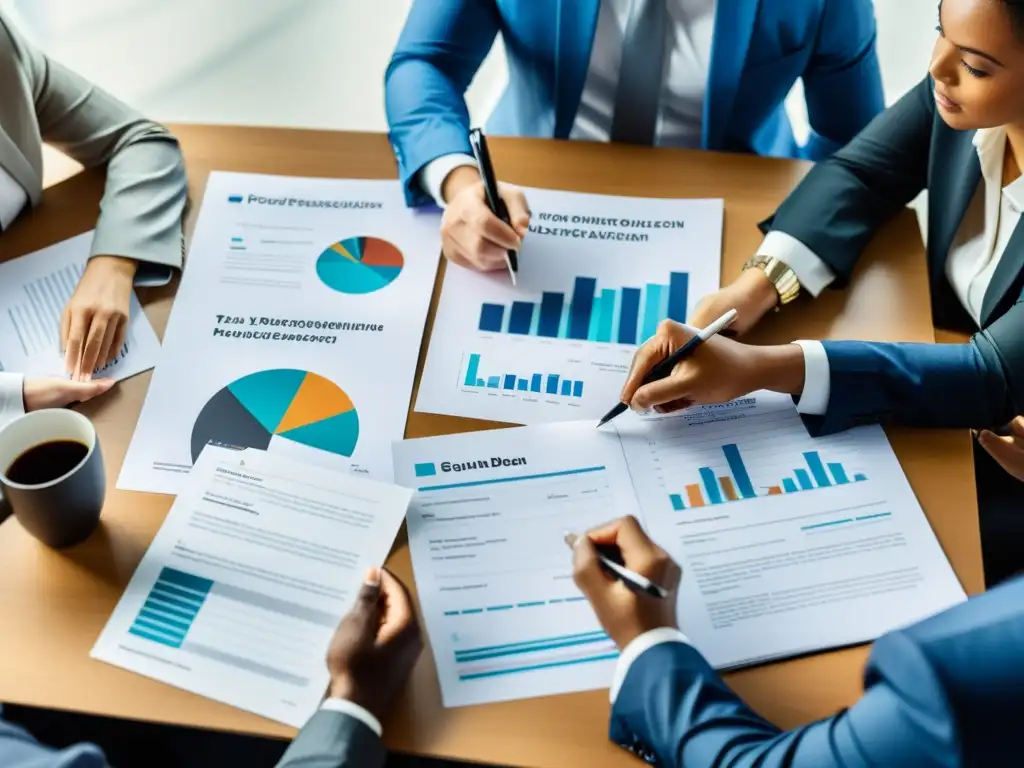 Profesionales en sesión de brainstorming con documentos legales y gráficos Profesionales en reunión de brainstorming, rodeados de documentos legales y gráficos, en una oficina moderna