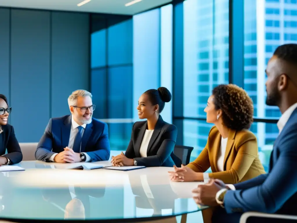 Profesionales expertos discuten temas financieros en una oficina moderna Profesionales en reunión de consultoría fiscal para minimizar riesgos, rodeados de moderna decoración de oficina, ambiente cálido y luminoso