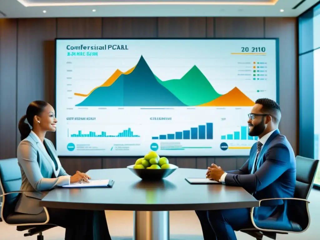Profesionales en reunión estratégica - Sala de juntas moderna Profesionales en reunión estratégica de gestión fiscal en ambiente empresarial innovador, con gráficos en pantalla