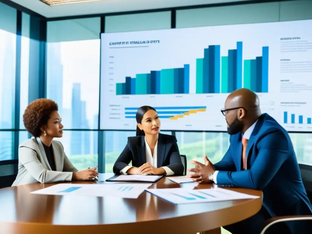 Equipo profesional analizando informes financieros en ONG internacional Profesionales en reunión, analizando informes financieros en una sala luminosa y moderna