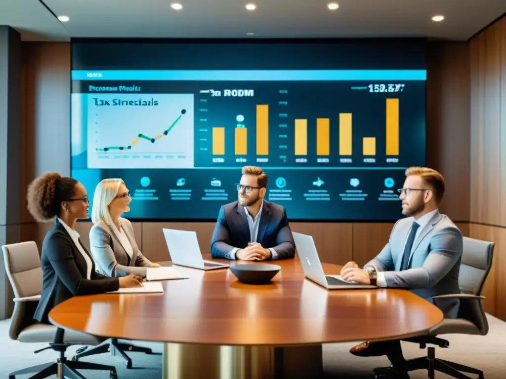 Estrategias fiscales innovadoras en sala de juntas Profesionales en sala de juntas moderna discuten estrategias financieras, con gráficos en pantalla