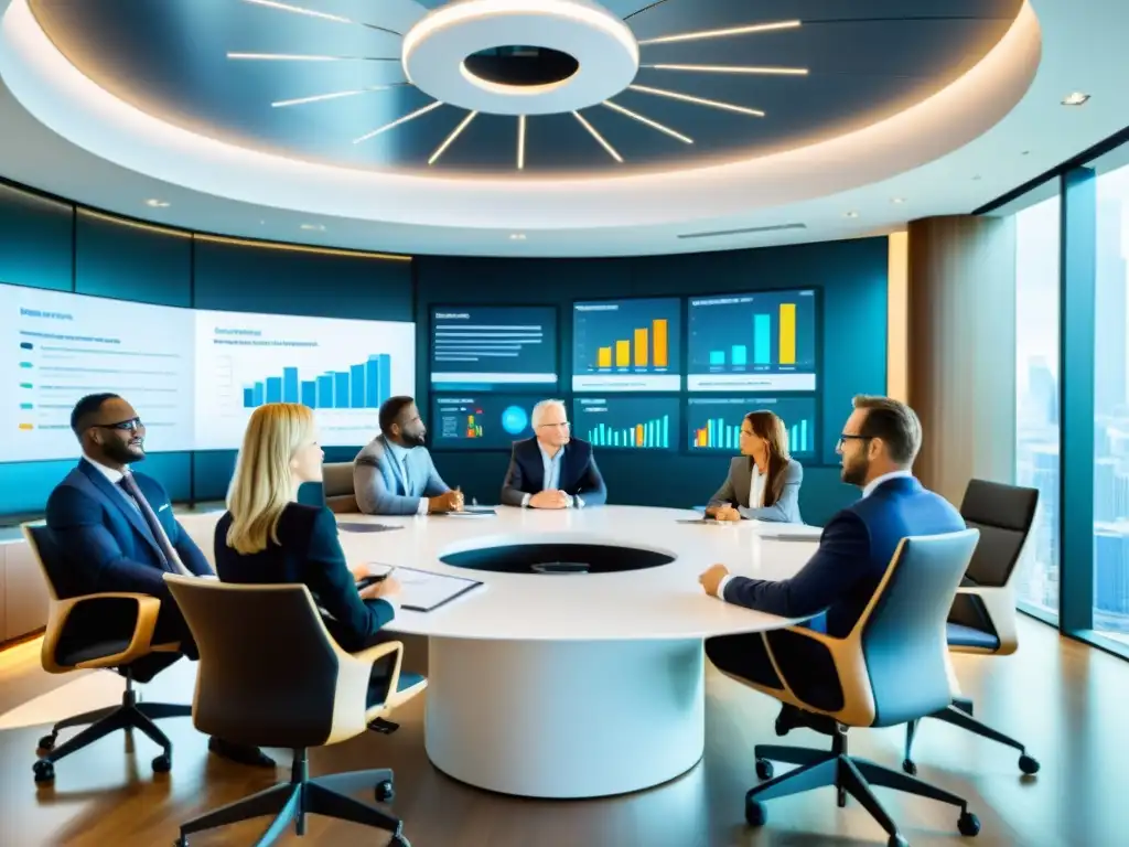 Estrategias de optimización fiscal en sala de juntas moderna Profesionales en una sala de juntas moderna, discuten estrategias para maximizar la planificación fiscal