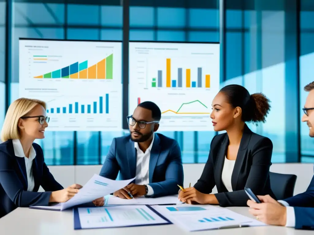 Equipo de profesionales en estrategia financiera del sector energético Profesionales del sector energético analizan riesgos fiscales en oficina moderna