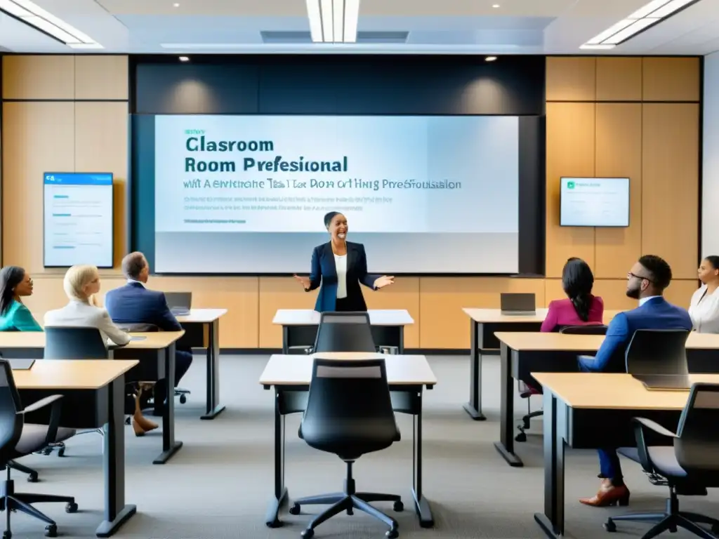 Sala de clases moderna y profesional con tecnología de vanguardia y capacitación dinámica Profesionalidad y dinamismo en aula moderna, maximizando estrategias de planificación fiscal