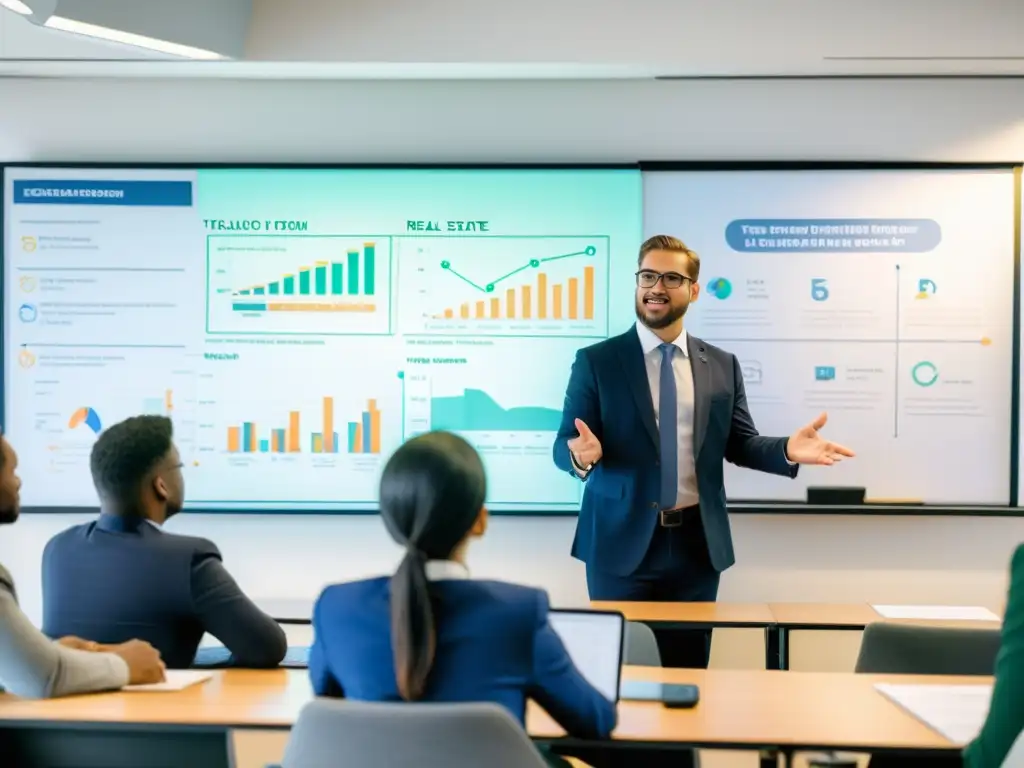 Clase de impuestos inmobiliarios: aprendizaje efectivo Profesor enseñando claves de fiscalidad en sector inmobiliario a estudiantes comprometidos en aula luminosa
