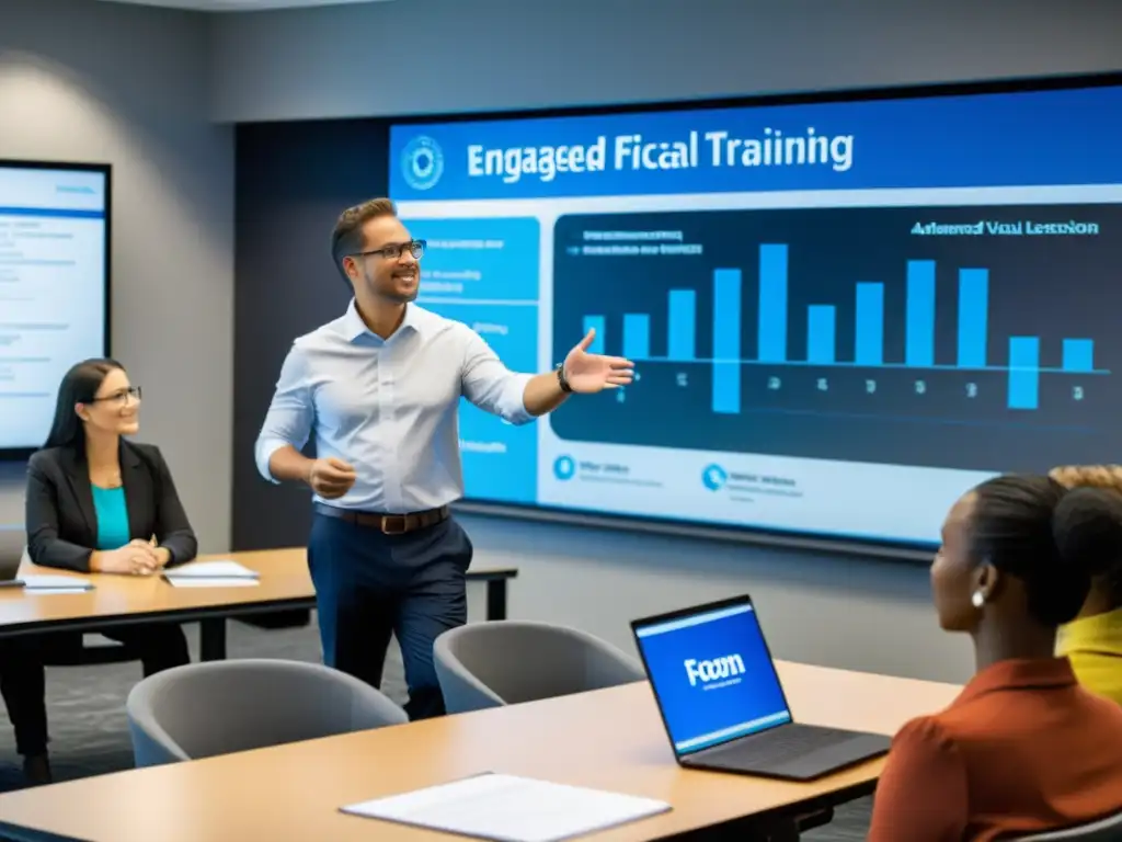 Entrenamiento fiscal interactivo con instructor profesional Profesor lidera curso de fiscalidad avanzada experto en aula moderna y colaborativa