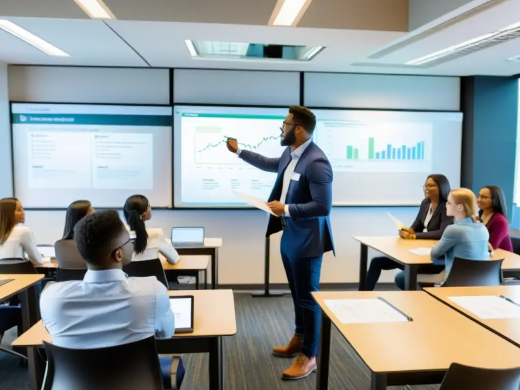 Taller dinámico de impuestos y finanzas con instructor profesional en aula moderna Profesor imparte dinámico taller de impuestos y finanzas a estudiantes en aula moderna