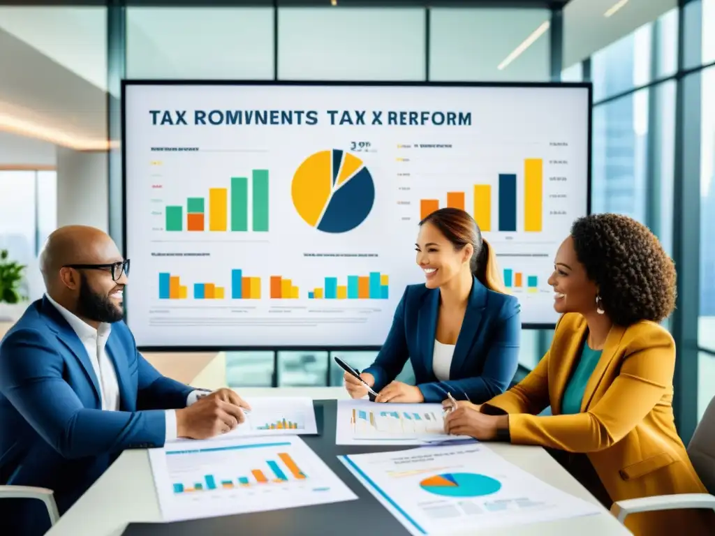 Propietarios inmobiliarios planificando estrategias fiscales Propietarios de bienes raíces discuten estrategias financieras y fiscales en una oficina moderna, con gráficos que ilustran la Reforma Tributaria efectos propietarios bienes raíces