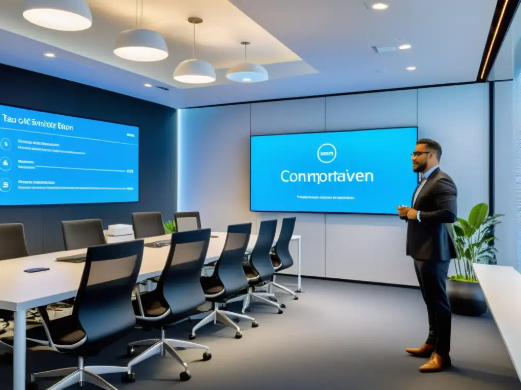 Sala de entrenamiento moderna y dinámica para profesionales de impuestos Proveedor de software gestión tributaria en sala de formación moderna y luminosa, con profesionales atentos y ambiente sofisticado