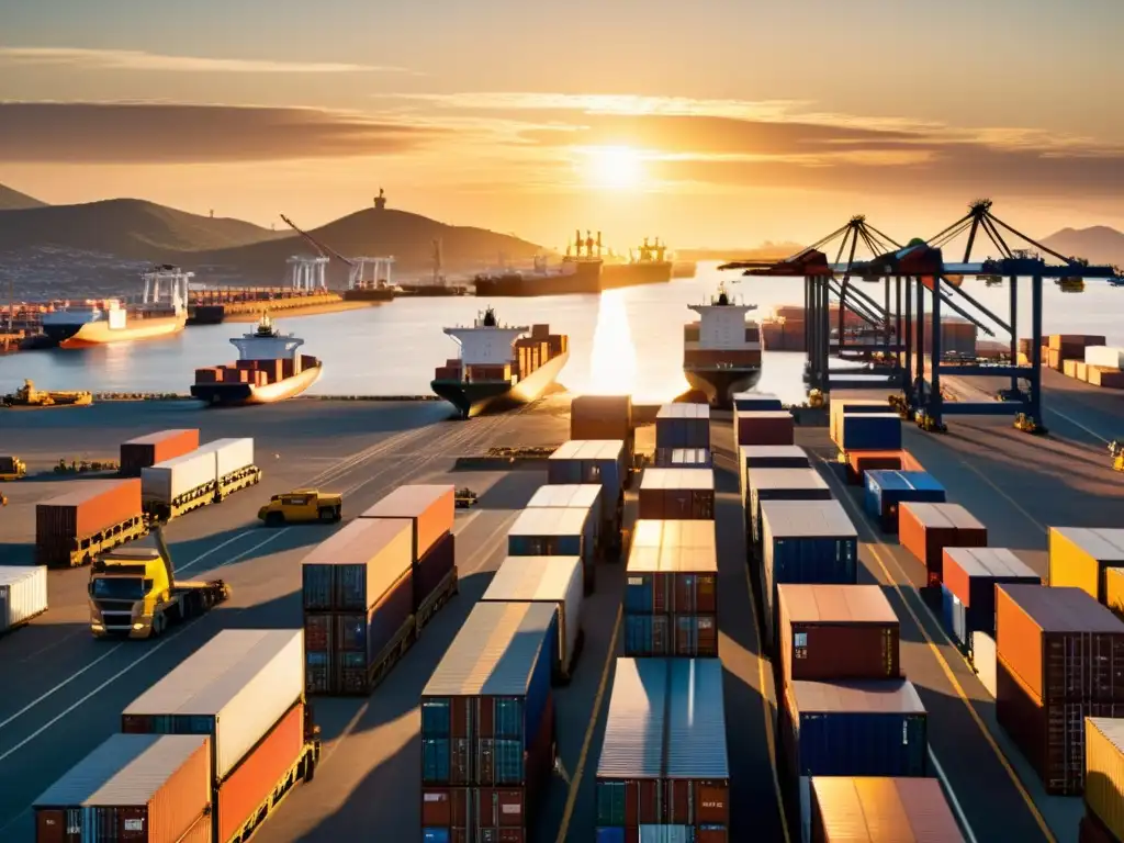 Puerto de carga en México al atardecer Un puerto de carga en México al atardecer, con barcos de carga, grúas, trabajadores y camiones, reflejando el comercio internacional