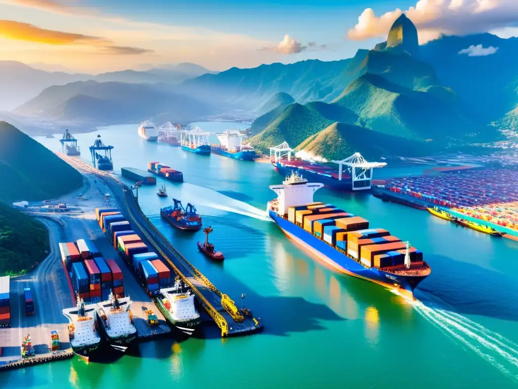 Puerto colombiano: actividad económica y belleza natural Un puerto colombiano bullicioso, con barcos de carga y montañas al fondo, destaca el impacto del régimen especial de tributación colombiano